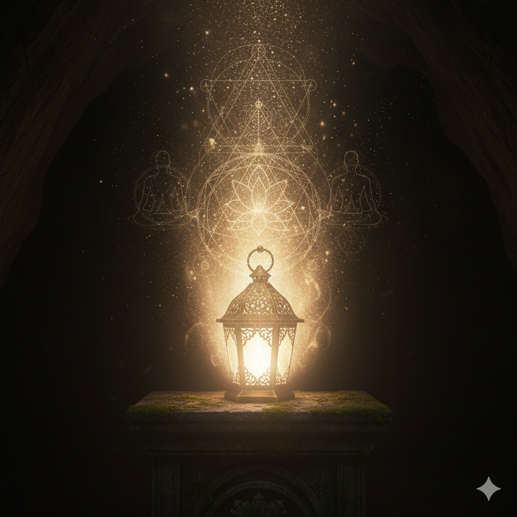 Girl kneeling before mirror glowing with light